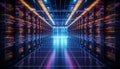 Shot of corridor in working data center filled with rack servers and supercomputers AI background