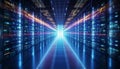 Shot of corridor in working data center filled with rack servers and supercomputers AI background