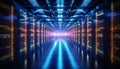 Shot of corridor in working data center filled with rack servers and supercomputers AI background