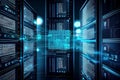 Shot of Corridor in Working Data Center Full of Rack Servers , AI Generated