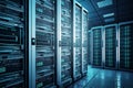 Shot of Data Center With Multiple Rows of Fully Operational Server Racks Generative AI Royalty Free Stock Photo