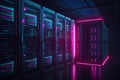 Shot of Data Center With Multiple Rows of Fully Operational Server Racks. Modern Telecommunications, Artificial Intelligence, Royalty Free Stock Photo