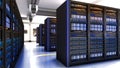 Shot of Data Center With Multiple Rows of Fully Operational Server Racks. Modern Telecommunications, Artificial Intelligence