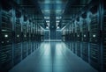 Shot of Data Center With Multiple Rows of Fully Operational Server Racks. Modern Telecommunications, Cloud Computing, Artificial Royalty Free Stock Photo