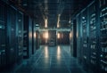 Shot of Data Center With Multiple Rows of Fully Operational Server Racks. Modern Telecommunications, Cloud Computing, Artificial Royalty Free Stock Photo