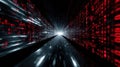 Shot through a digital data tunnel. Walls are covered in rapidly moving red binary code and glowing white light streaks, Royalty Free Stock Photo