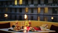 Shot of dinner with drinks served on table at Oberoi Hotel, Gurgaon, Haryana, India