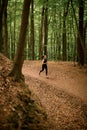 Shot from a distance of young woman in black sportswear jogging downhill on forest trail, tall leafy trees on background