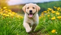 A dog labrador retriever puppy with a happy face runs through the colorful lush spring green grass Royalty Free Stock Photo