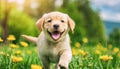 A dog labrador retriever puppy with a happy face runs through the colorful lush spring green grass Royalty Free Stock Photo