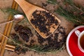 Shot from the dry black tea with pine branches Royalty Free Stock Photo