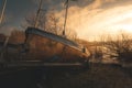 Sailing boats on a lake during a frosty winter sunrise Royalty Free Stock Photo