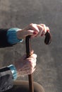 shot of elderly woman's hands holding the wooden handle of a metal walking cane. Close up, copy space for text, neutral