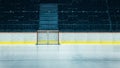 Shot of an Empty Hockey Goal on Professional Ice Hockey Rink Arena with Turned On Lights. Big Royalty Free Stock Photo