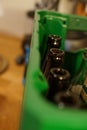 A shot of empy glass bottles ready to be recycled.