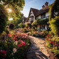 shot of an English Cottage Garden Landscape, evoking charm with a mix of colorful flowers by AI generated