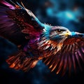 shot of a Falcon soaring through the sky, its vibrant plumage illuminated with Synthwave colors by AI generated