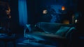 Shot of a flat, an apartment in the night. Muffled, low light from multiple lamps in a room. Couch, sofa, fireplace and