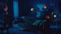 Shot of a flat, an apartment in the night. Muffled, low light from multiple lamps in a room. Couch, sofa, fireplace and