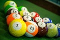 Shot of foot pool balls standing on green table.