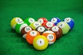 Shot of foot pool balls standing on green table. Royalty Free Stock Photo