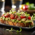 shot of a garnished Avocado Toast, showcasing avocado spread with microgreens and cherry tomatoes toppings by AI generated