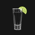 Shot glass of tequila with lime slice and salt isolated glass of drink on dark background, realistic illustration of mexican Royalty Free Stock Photo