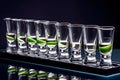 Shot glasses with tequila on bar counter. Neural network AI generated