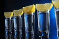 Shot glasses of vodka with lemon slices on dark background Royalty Free Stock Photo