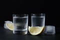Shot glasses of vodka with lemon slices and ice on black background Royalty Free Stock Photo
