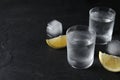 Shot glasses of vodka with lemon slices and ice on black background. Space for text Royalty Free Stock Photo