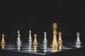 Shot of gold king surrounded with silver chess pieces on chess board game