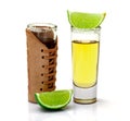 Shot of Gold Tequila with Slice Lime Royalty Free Stock Photo