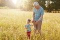 Shot of grey haired male strolls across grassland with his granddaughter, pick up wildflowers, enjoy beautiful sunshine. Elderly t