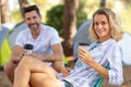 shot happy couple camping on nature Royalty Free Stock Photo