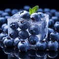 shot of an ice cube and a handful of plump Blueberries, showcasing the deep blue color of the berries by AI generated