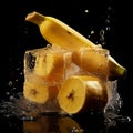 shot of an ice cube and a ripe Banana, highlighting the texture and curves of the fruit by AI generated Royalty Free Stock Photo