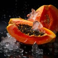 shot of an ice cube and a slice of juicy Papaya, highlighting the vibrant orange color by AI generated