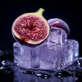 shot of an ice cube and a slice of ripe Fig, capturing the soft texture and the rich purple color by AI generated