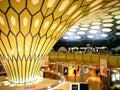 Shot inside the International Terminal at Abu Dhabi Airport with bright lights and honeycomb ceiling