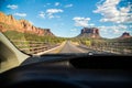 Shot from inside a vehicle driving on a highway in Sedona, Arizona. Royalty Free Stock Photo