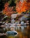 Shot of an isolated stone lantern statue in the middle of a lake during the fall