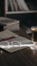 Shot of a journal, a red pen, glasses and coffee on a wooden desk Royalty Free Stock Photo