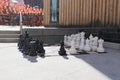 A shot of a large black and white chess set on the sidewalk surrounded by lush green plants, bare winter trees and shops Royalty Free Stock Photo