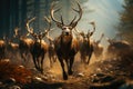 Shot of a large herd of deer running. Generative AI