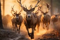 Shot of a large herd of deer running. Generative AI