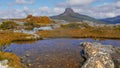 Shot of a large lichen covered rock in a high mountain tarn with barn bluff in the background