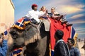 Shot of line of elephants covered in red cloth with tourists riding on them to the landmark hill fort of Amber in Jaipur