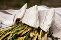 Shot of linen tablecloth and napkins with lace trim Royalty Free Stock Photo