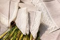 Shot of linen towels, tablecloths, napkins with lace trim Royalty Free Stock Photo